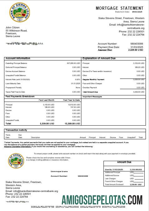 Extrato de hipoteca do banco de Serra Leoa Banco de Serra Leoa em formatos Word e PDF amostra